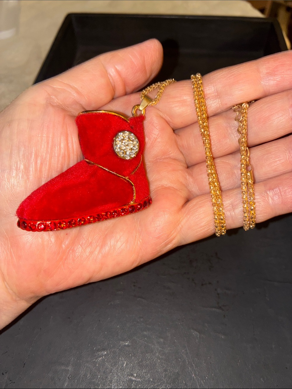 Red Velvet Ugg Boot Pendant Necklace with Red Crystal Trim For Added Charm
